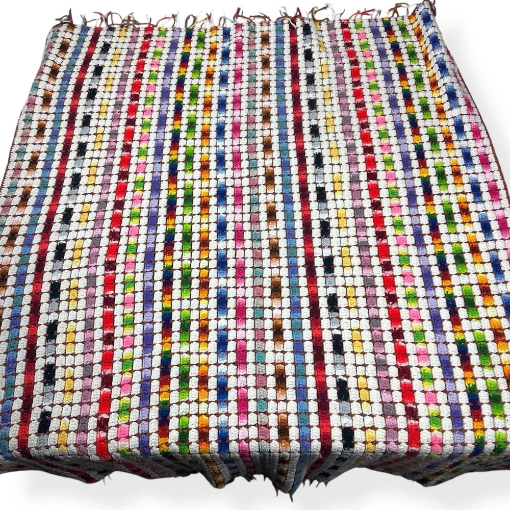VTG Boho Stripe Rainbow Hand Knit Crochet Blanket Throw Afghan 5'x4' Cottagecore